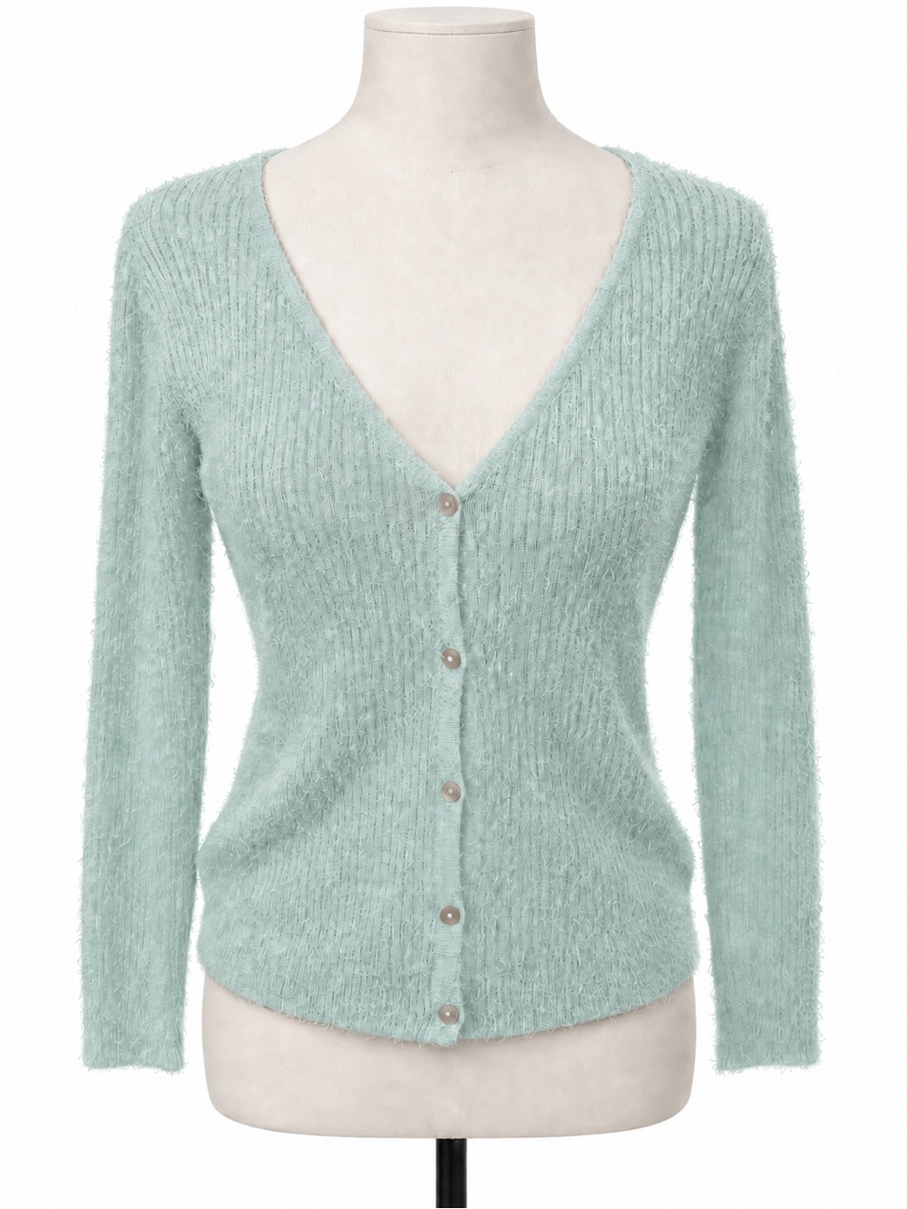 Cache Light Green Fuzzy Knit V-Neck Button Cardigan